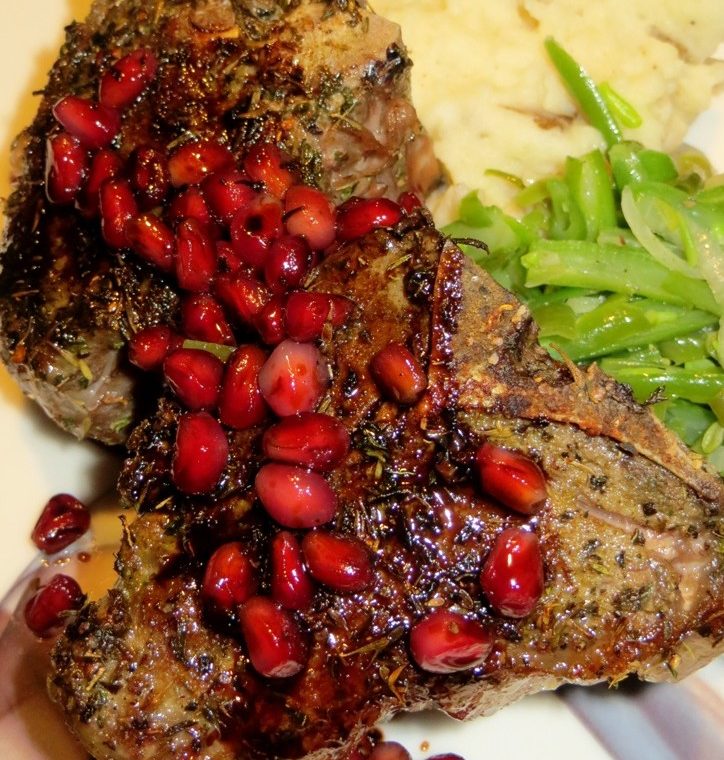 Herb crusted lamb with red wine and pomegrante sause small e