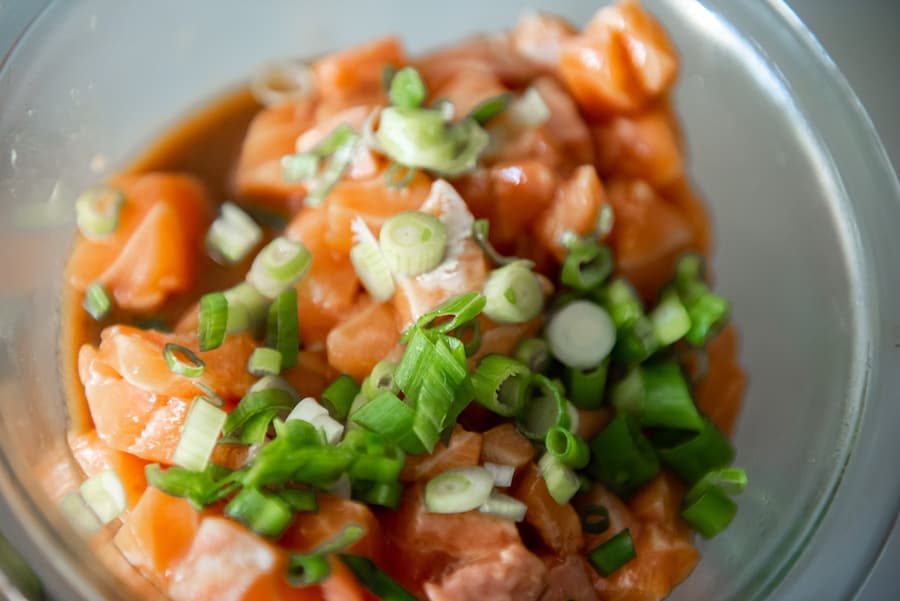 salmon belly and scallions